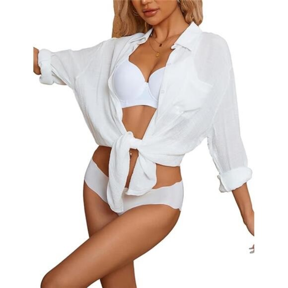 Swimsuit Coverup for Women Long Sleeve Bathing Suit Cover Up Swimwear ButtonDown - Picture 7 of 7